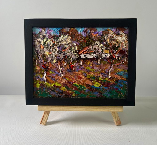 Original Oil Painting Gloomy Trees Landscape Gardens in bloom spring is unfolding