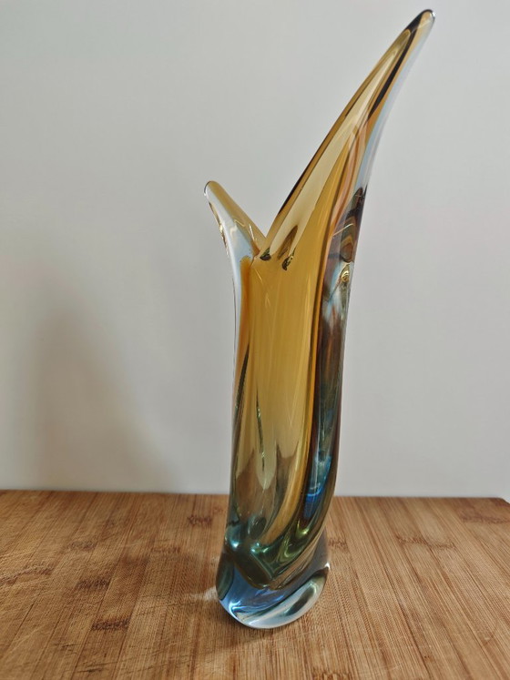 Image 1 of Vintage mouth-blown glass sculptural vase — amber/topaz to smoky blue — Murano style