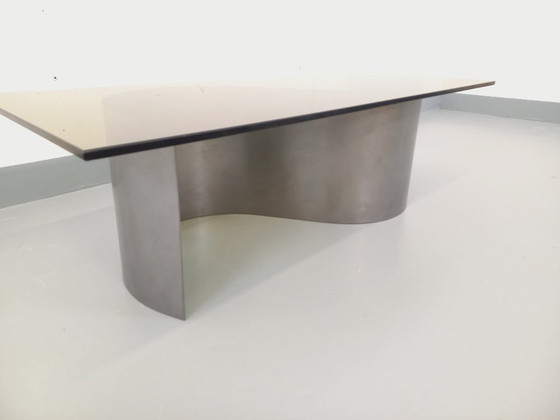 Image 1 of Vintage Space Age rectangular coffee table in steel and smoked glass from the 1970s