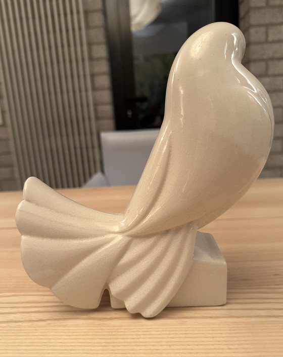 Image 1 of Art Deco craquele beeld duif Jacques Adnet