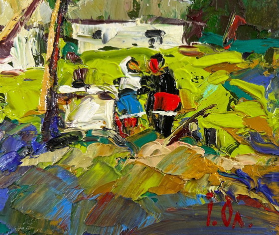 Image 1 of Original Oil Painting Summer Village Landscape Conversation in the embrace of silence