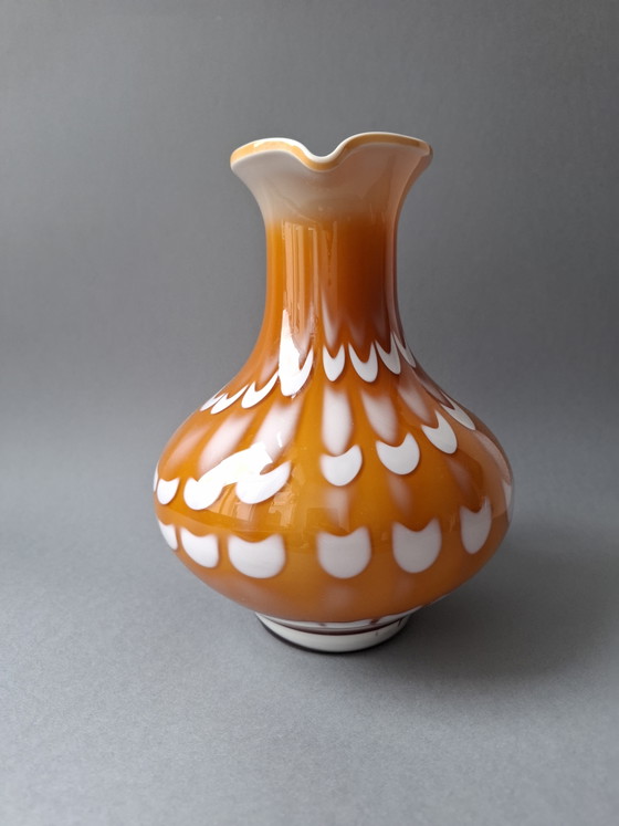 Image 1 of Vintage Art Glass Vase/Jug 23 cm, FS Prokuplje Jugoslavija, Orange White. MCM, Art Glass, 70s