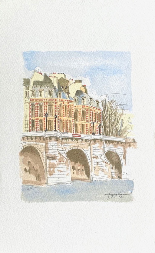 Katsuhiro NAGASHIMA Paris - Le Pont-Neuf lithograph 1992