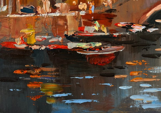 Image 1 of Original Oil Painting Street River Landscape City Central Bridge