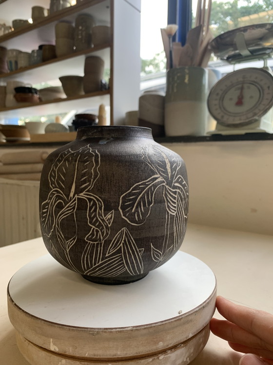 Image 1 of Handmade stoneware vase (ceramic) with irises and metallic glaze