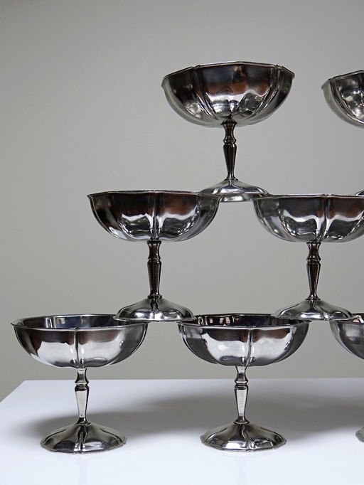 12 Vintage bistro-style stainless steel dessert bowls on stands