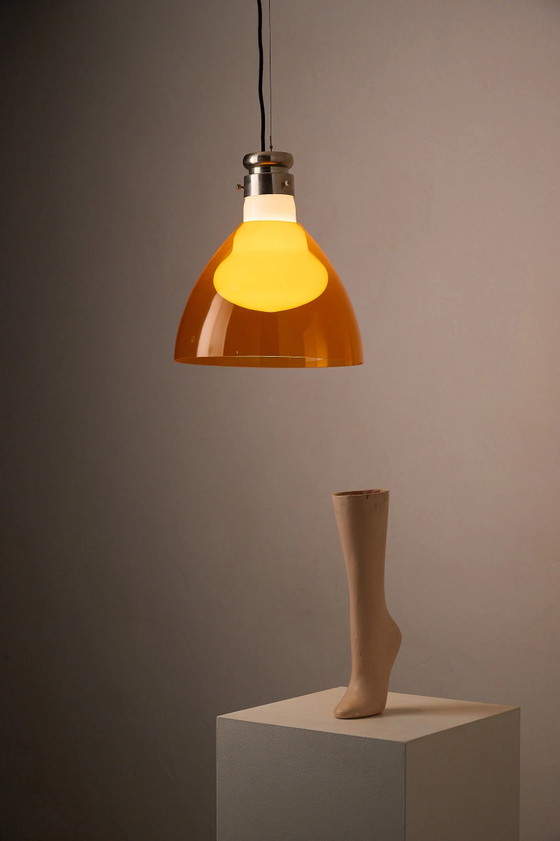 Space Age Blown Glass Pendant Lamp by Vistosi, Italy, 1970s, Ceiling lights, Aluminium, Orange (photo 9 of 10)