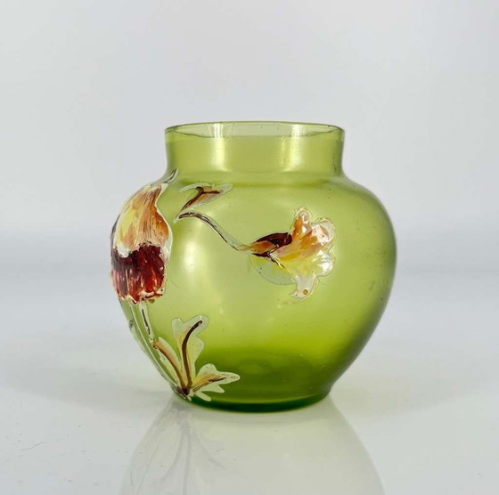 Image 1 of Rare Art Nouveau glass vase with fine enamel painting