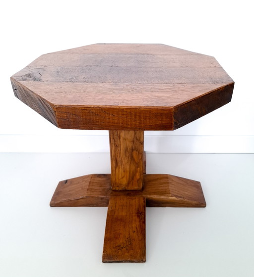 Vintage brutalist oak side table octagonal