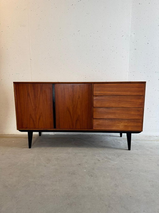 Buffet en teck style années 50, Bräntorps, détails noirs vintage