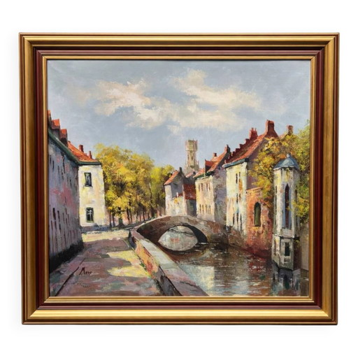 Landscape signed "View of Bruges." Oil on canvas. Signed Mees. – schilderijen tekeningen, Vintage