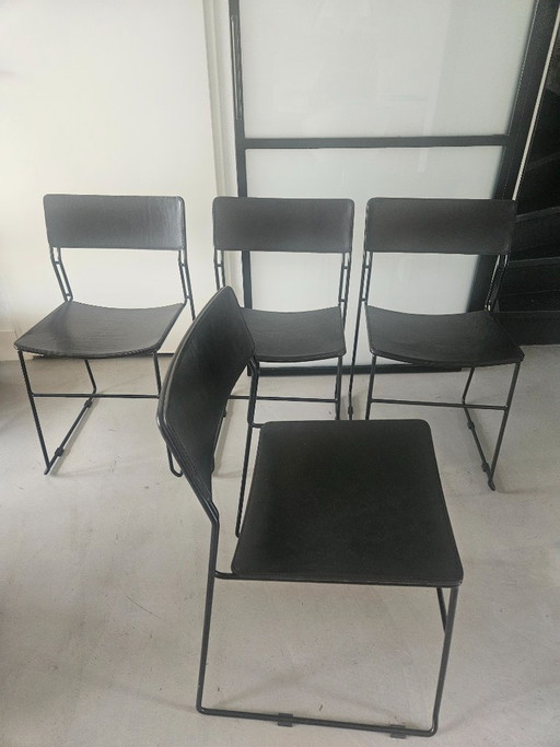 Abbren Italy Zwart Leren Eetkamerstoelen Vintage '70 '80 – Arrben, Leather, Metal (photo 2 of 5)