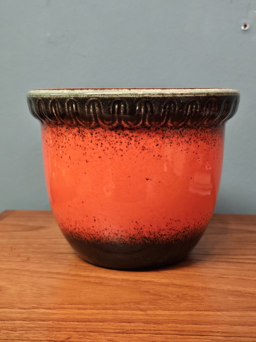 Large Vintage Orange Flowerpot Green Rim