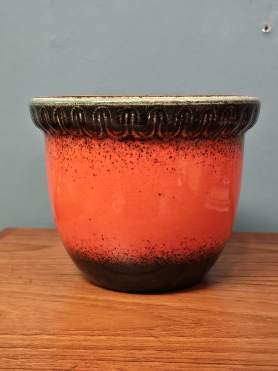 Image 1 of Large Vintage Orange Flowerpot Green Rim