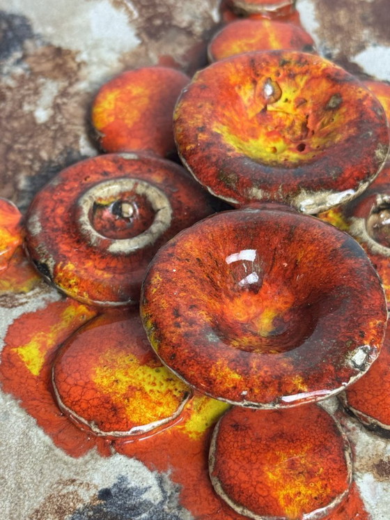 Image 1 of Mid-Century Design Ruscha Wall Tile Handpainted with High gloss orange tones combined with Matte Earth tones enamel. Germany,60s