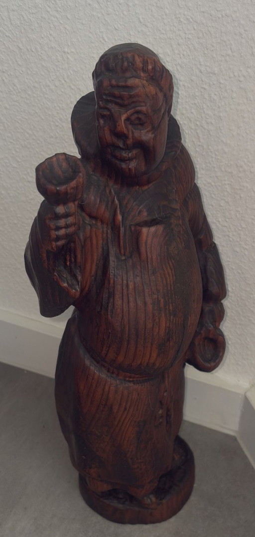 Hand carved antique wooden figure 50cm drinking monk folk art
