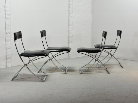 Image 1 of Superb Minimalistic Foldable Dining Chairs Designed by Marcelo Cuneo for Mobel Italia, Set of 4. Italy, 1970s.