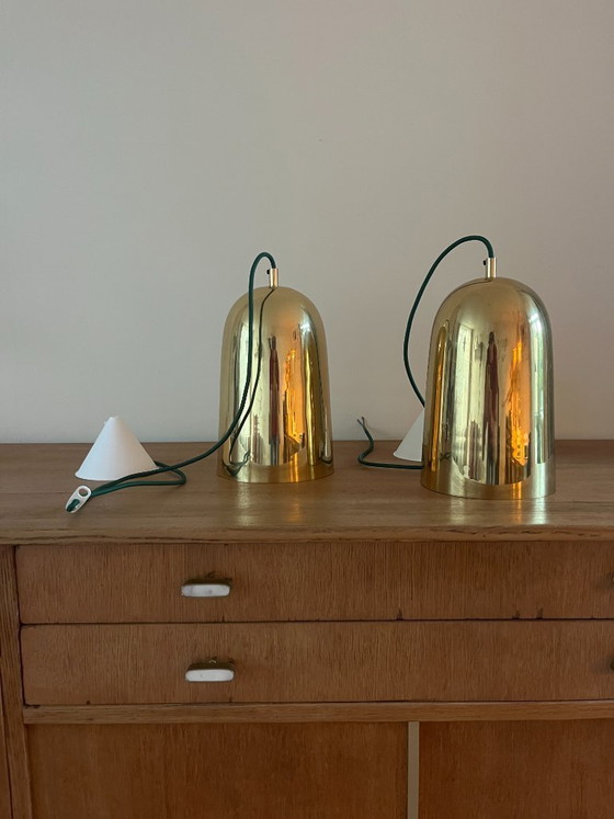 Image 1 of Vintage Deense messing hanglampen - set van 2