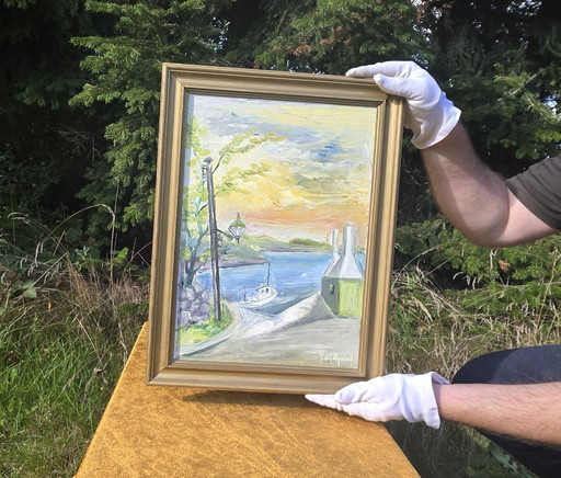 Origineel Mid-Century Kust Olieverfschilderij
