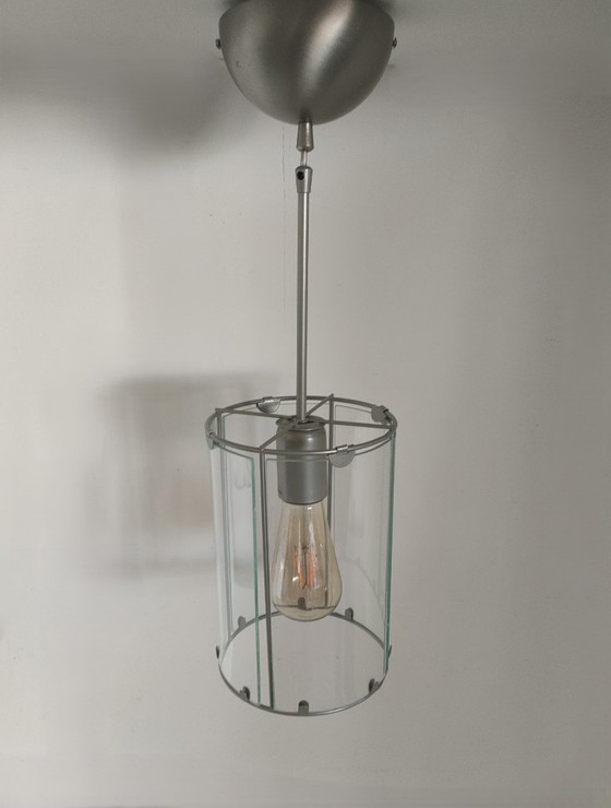 Set of 2 cylindrical Metal/glass Pendant Lights (with glass 'windows')., Ceiling lights, White (photo 10 of 10)