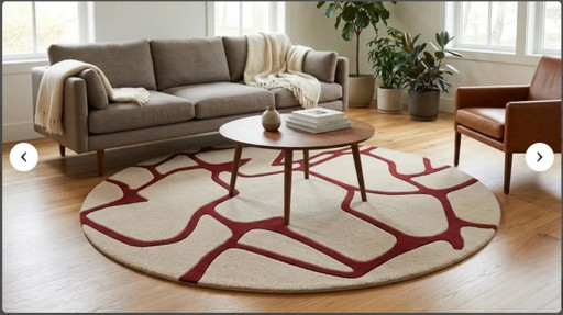 Handgetuft wollen rond vloerkleed, abstract rood aderpatroon, crèmebeige tapijt