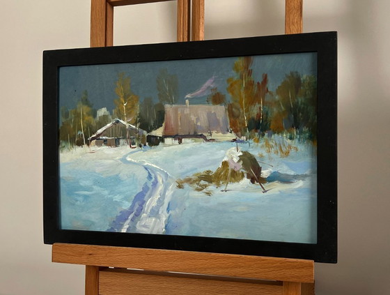 Image 1 of Origineel olieverfschilderij: Winterdorplandschap, comfort tijdens een winternacht.