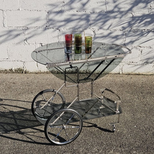 French Mid-Century Smoked Glass and Chrome Bar Trolley-Drop Leaf Bar Cart-Vintage Two Tier Dessert-Bar Trolley-60s