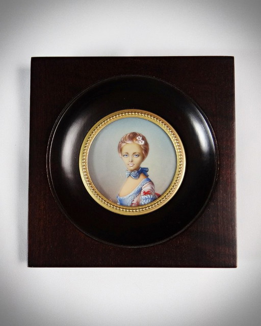 Portrait miniature 'La jeune fille au bal' by Perronneau hand-painted gouache 19th century