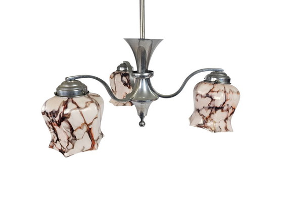 Image 1 of Niederländisches Design – Gispen-Stil – Pendelleuchte – Messing – Marmorglas – Art déco – 1930er Jahre