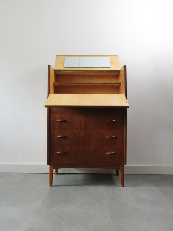 Image 1 of Vintage Danish chest of drawers in teak with flap and mirror !