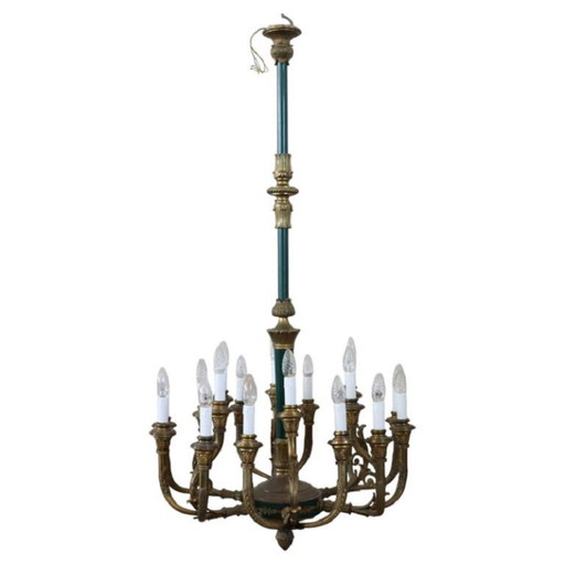 Chandelier in Gilded Bronze and Green Lacquered Metal 18 Bulbs, Italy Early 20th Century – kroonluchters