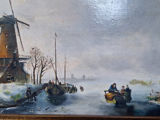 Image 1 of Wintertafereel olieverfschilderij op paneel 