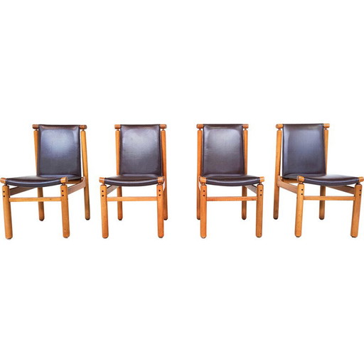 Set of 6 mid-century leather dining chairs by Ilmari Tapiovaara, 1970s