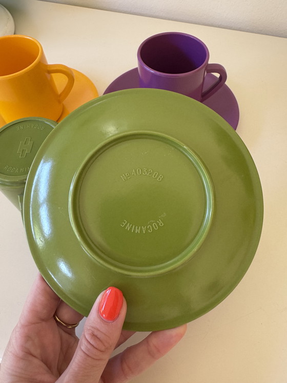 Image 1 of Set Vintage Rocamine Cups and Saucers Melamine Retro Design Belgium 60s/70s