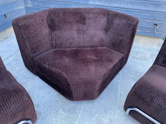 Image 1 of Divano da salotto modulare poltrona poggiapiedi stile Bauhaus in velluto a coste marrone e cromo vintage 1970
