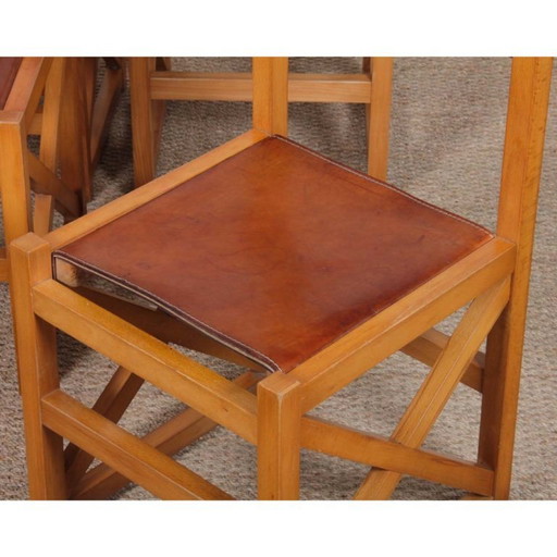 Set of 4 vintage chairs in solid wood and leather, 1980