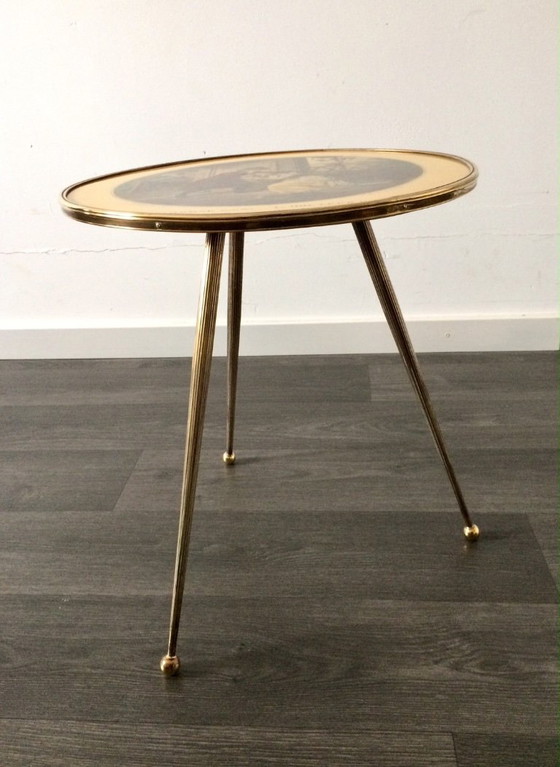 Image 1 of Italian Design Brass Tripod Side Table w printed top 1950's