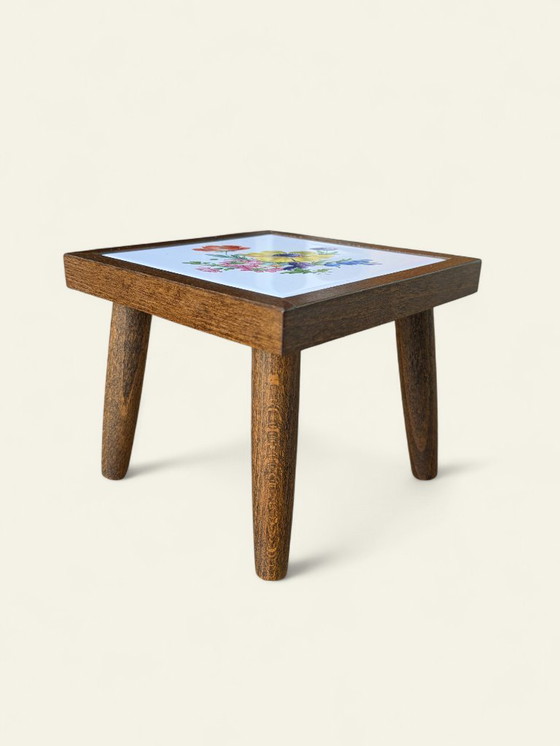 Image 1 of Rare vintage mini flower table with tile motif - yellow flower - 60s