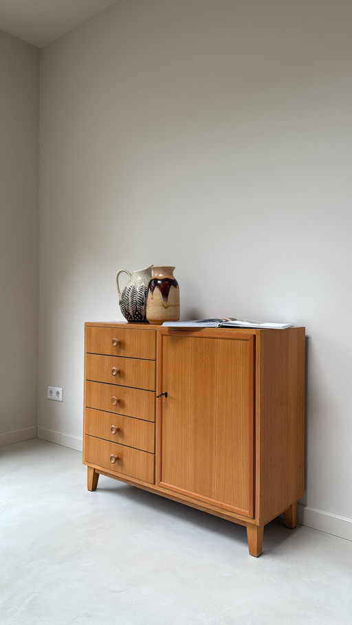 Vintage wooden cabinet with 5 drawers and 1 door
