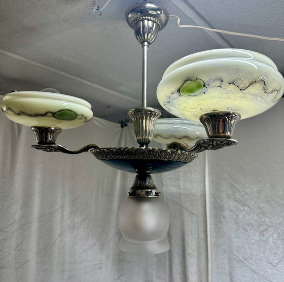 Antique Art Deco Style Pendant Lamp Chandelier with Marbled Opal Glass, Ceiling lights, Metal, Black (photo 4 of 14)