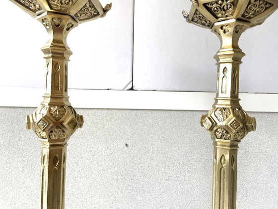Image 1 of Pair of Antique Neo-Gothic Gilt Bronze Candlesticks