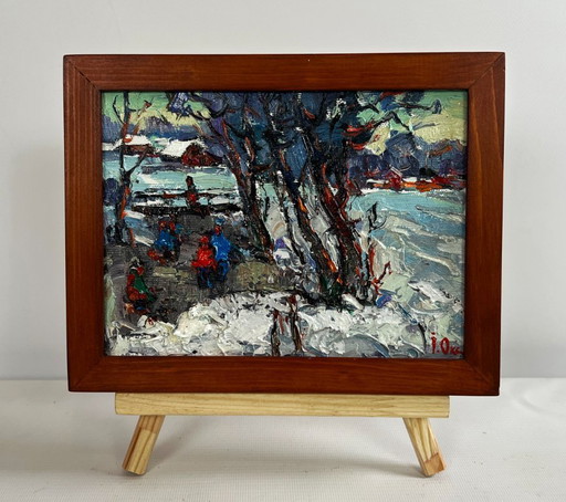 Original Oil Painting Winter Village Landscape First winter ice