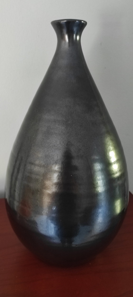 Image 1 of Vintage Mid-Century Ceramic Drop Vase (36cm) – Metallic Black