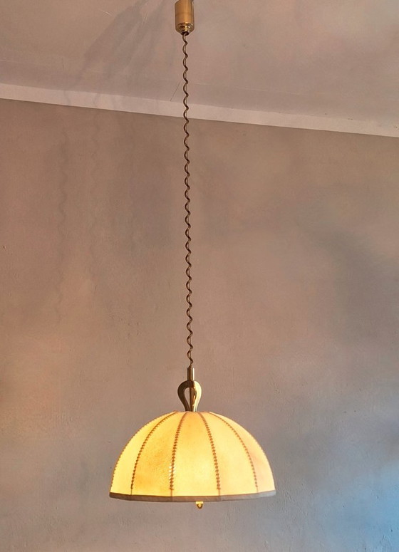 Image 1 of Large Leather, Vellum and Brass Cocoon Chandelier, Italy 1950s