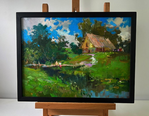 Original Oil Painting Summer Village Landscape Quiet Conversations of Girls