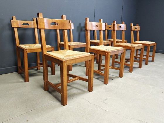 Image 1 of Vintage eiken en rieten brutalistische stoelen, jaren 60 - set van 8