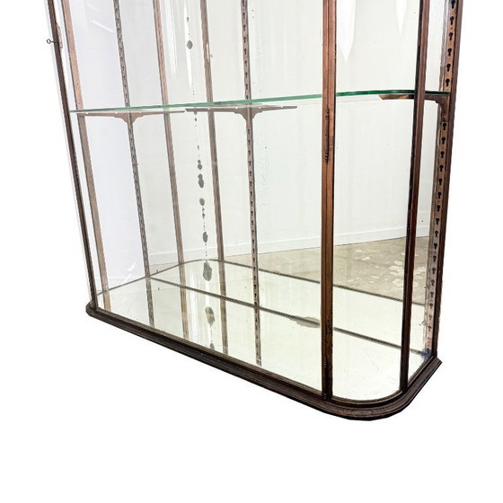 Image 1 of Grote antieke museum vitrinekast met gebogen glas – bronskleurig metalen vitrinekast