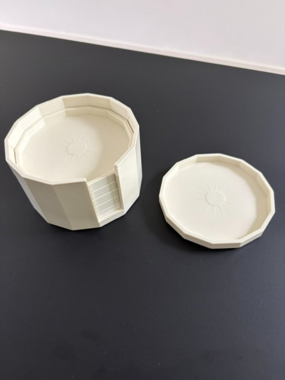 Image 1 of Vintage plastic coasters with holder | Set of 6 | Geometric | Cream