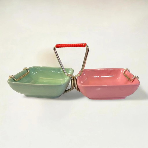 Mid Century Snack- und Servierschale in Mint und Pink mit Messinggriff aus den 1950er Jahren, hergestellt in Deutschland