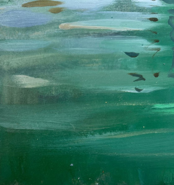 Image 1 of Peinture à l'huile originale représentant un paysage côtier au crépuscule, où les bateaux dorment au quai.